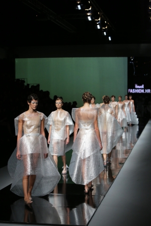 Fashion model wearing clothes designed by Branka Donassy on the  Fashion hr  show on October 19, 2013 in Zagreb, Croatia のeditorial素材