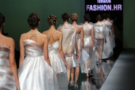 Fashion model wearing clothes designed by Branka Donassy on the  Fashion hr  show on October 19, 2013 in Zagreb, Croatia のeditorial素材