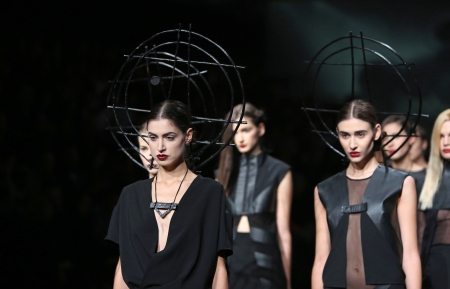 Fashion model wearing clothes designed by Silvio Ivkic on the  Fashion hr  show on October 19, 2013 in Zagreb, Croatia  のeditorial素材