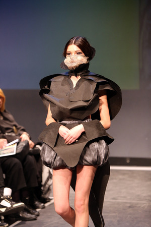 Fashion model wearing clothes designed by Nevenka Buzov on the Fashion Wardrobe show on November 07, 2013 in Zagreb, Croatia.のeditorial素材