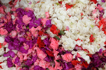 Flowers and garlands for sale at the flower market in the shadow of the Haora Bridge in Kolkata, West Bengal, Indiaの写真素材