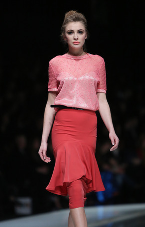 ZAGREB, CROATIA - MARCH 29: Fashion model wearing clothes designed by Envy Room on the 'Fashion.hr'...