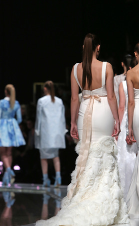 Fashion model wearing clothes designed by Mihano Momosa on the 'Fashion.hr' show on March 27, 2014...