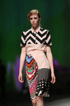 Fashion model wears clothes made by Anamarija Asanovic on "CRO A PORTER" show on April 11, 2014 in Zagreb, Croatia.のeditorial素材