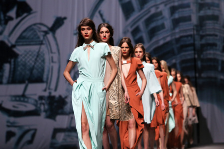 Fashion model wears clothes made by Arileo on  CRO A PORTER  show on April 09, 2014 in Zagreb, Croatia のeditorial素材