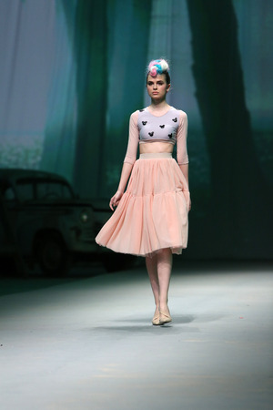 ZAGREB, CROATIA - APRIL 11 : Fashion model wears clothes made by Yuniku on "CRO A PORTER" show on April 11, 2014 in Zagreb, Croatiaのeditorial素材