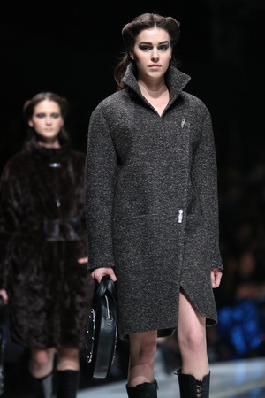 Fashion model wearing clothes designed by Branka Donassy on the 'Fashion.hr' show on March 29, 2014 in Zagreb, Croatiaのeditorial素材