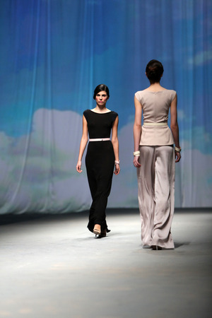 Fashion model wears clothes made by Nebo on "CRO A PORTER" show on April 09, 2014 in Zagreb, Croatiaのeditorial素材