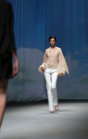 Fashion model wears clothes made by Nebo on "CRO A PORTER" show on April 09, 2014 in Zagreb, Croatiaのeditorial素材