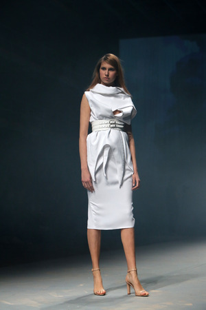 Fashion model wears clothes made by Manuel Maligec on "CRO A PORTER" show on April 09, 2014 in Zagreb, Croatia.のeditorial素材