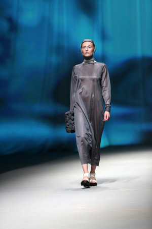 Fashion model wears clothes made by Mario Vijackic on "CRO A PORTER" show on April 10, 2014 in Zagreb, Croatiaのeditorial素材