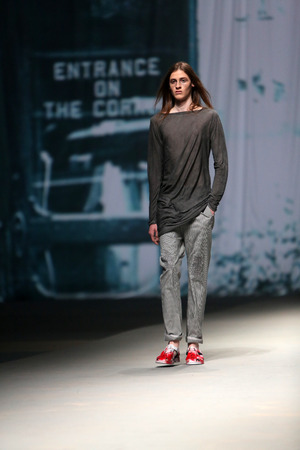 Fashion model wears clothes made by Spirit on "CRO A PORTER" show on April 10, 2014 in Zagreb, Croatiaのeditorial素材