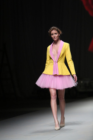 Fashion model wears clothes made by Lokomotiva on "CRO A PORTER" show on April 12, 2014 in Zagreb, Croatia.のeditorial素材
