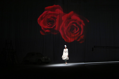 Fashion model wears clothes made by Lokomotiva on "CRO A PORTER" show on April 12, 2014 in Zagreb, Croatia.のeditorial素材