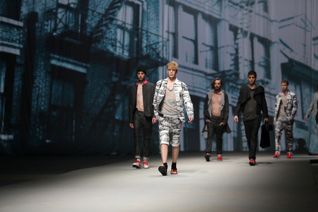 Fashion model wears clothes made by Spirit on "CRO A PORTER" show on April 10, 2014 in Zagreb, Croatiaのeditorial素材