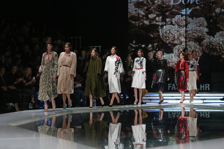 Fashion model wearing clothes designed by Robert Sever on the 'Fashion.hr' show on March 29, 2014 in Zagreb, Croatia.のeditorial素材