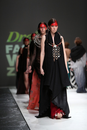 Fashion model wearing clothes designed by Zjena Glamocanin on the Zagreb Fashion Week on May 09, 2014 in Zagreb, Croatia.のeditorial素材