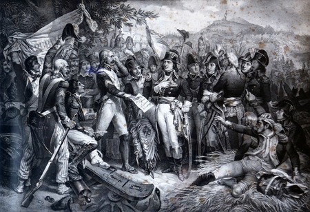 An engraved vintage illustration image of Napoleon Bonaparte with his army at the Battle of Lodi now exhibited in the Villa dei Mulini, Portoferraio, Italyのeditorial素材