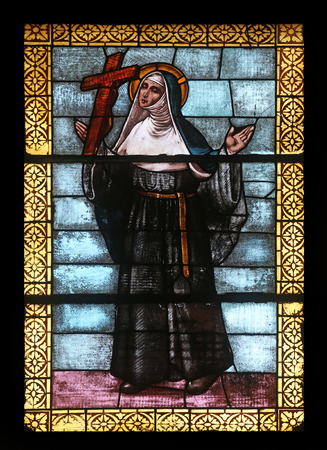 Stained glass window in the church of St  James the Greater in Porto Azzurro, Elba, Italyのeditorial素材