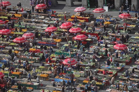 Traditional parasols on the Zagreb market, Croatiaのeditorial素材