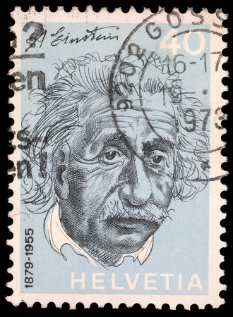 Stamp printed in Switzerland showing Albert Einstein, circa 1973のeditorial素材