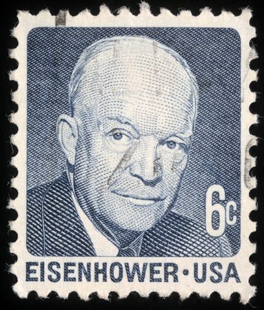 Stamp printed in the USA shows Dwight David Eisenhower, President of US, 1953-61, circa 1970のeditorial素材