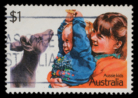 Stamp printed in Australia shows image of Aussie kids, series, circa 2002のeditorial素材