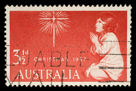 Stamp printed in Australia from the Christmas issue shows The Spirit of Christmas, circa 1957 のeditorial素材