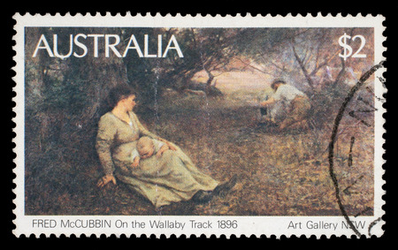 Stamp printed in Australia shows the On the Wallaby Track  1896 , by Fred McCubbin, from the Art Gallery NSW, circa 1981のeditorial素材