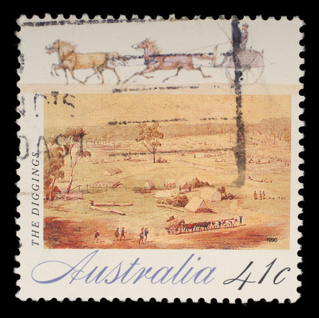 Stamp printed in Australia shows The Diggings, circa 1990のeditorial素材