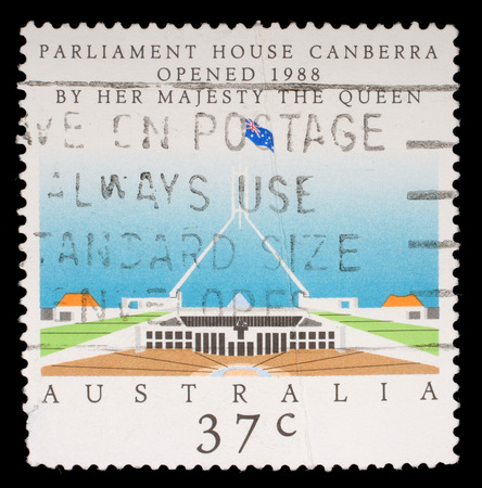 Stamp printed by Australia, shows Opening of Parliament House, Canberra, circa 1988のeditorial素材
