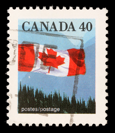 Stamp printed by Canada, shows Canadian flag, circa 1992の写真素材