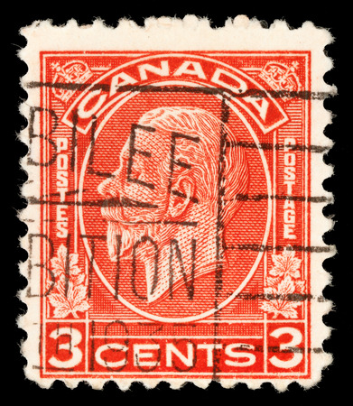 Stamp printed by Canada, shows King George V, circa 1911のeditorial素材