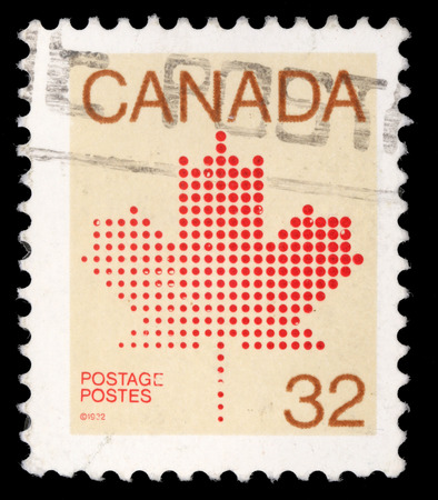 Stamp printed in Canada shows maple leaf, a symbol of Canada, series, circa 1981の写真素材