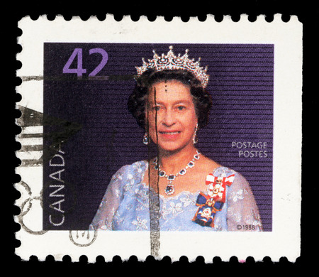 Stamp printed in Canada shows Queen Elizabeth II, circa 1988のeditorial素材
