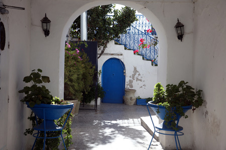 Sidi Bou Said - typical building with white walls, blue doors and windows