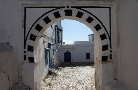 Sidi Bou Said - typical building with white walls, blue doors and windowsのeditorial素材