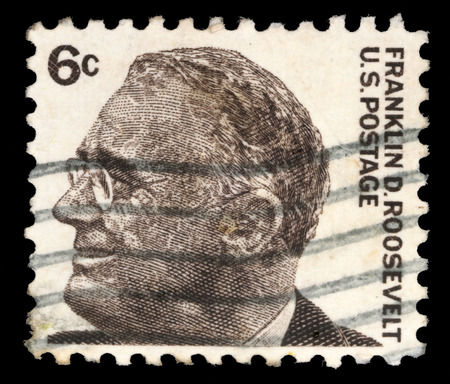 Stamp printed in United states  USA , image of portrait Franklin Roosevelt, with the same inscription, from the series  Famous Americans , circa 1966のeditorial素材