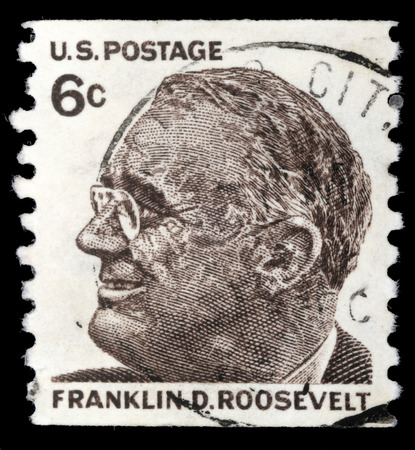 Stamp printed in United states  USA , image of portrait Franklin Roosevelt, with the same inscription, from the series  Famous Americans , circa 1966のeditorial素材