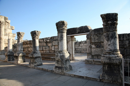 Ruins of the great synagogue of Capernaum, Israelの写真素材