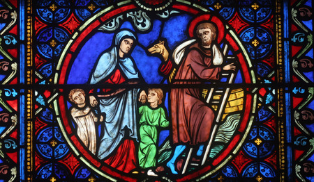 Colorful stained glass window in Cathedral Notre Dame de Parisのeditorial素材