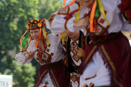 Members of folk group Edmonton  Alberta , Ukrainian dancers Viter from Canada during the 48th International Folklore Festival in center of Zagreb,Croatia on July 17, 2014のeditorial素材