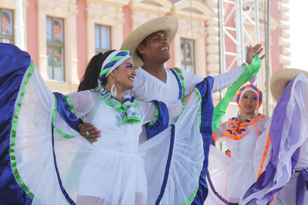 Members of folk group Colombia Folklore Foundation from Santiago de Cali, Colombia during the 48th International Folklore Festival in center of Zagreb,Croatia on July 17,2014のeditorial素材