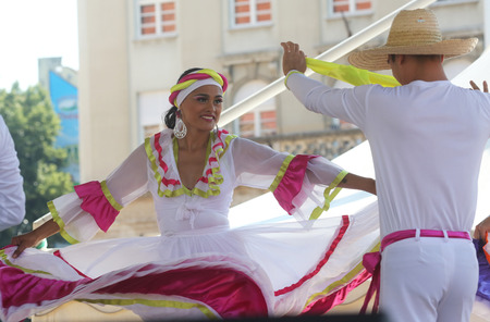 Members of folk group Colombia Folklore Foundation from Santiago de Cali, Colombia during the 48th International Folklore Festival in center of Zagreb,Croatia on July 17,2014のeditorial素材