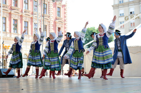 Folk group Selkirk, Manitoba, Ukrainian Dance Ensemble Troyanda from Canada during the 48th International Folklore Festival in center of Zagreb, Croatia on July 18, 2014のeditorial素材