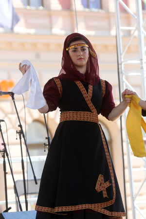 Members of folk group Albanian Culture Society Jahi Hasani from Cegrane, Macedonia during the 48th International Folklore Festival in center of Zagreb,Croatia on July 20,2014のeditorial素材