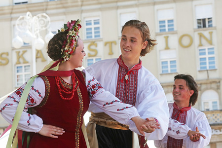 Folk group Selkirk, Manitoba, Ukrainian Dance Ensemble Troyanda from Canada during the 48th International Folklore Festival in center of Zagreb, Croatia on July 18, 2014のeditorial素材