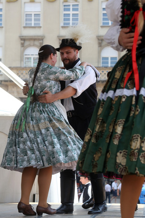 Members of folk groups Nograd  from Salgotarjan, Hungary during the 48th International Folklore Festival in center of Zagreb, Croatia on July 19, 2014のeditorial素材