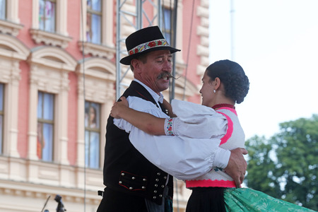 Members of folk groups Nograd  from Salgotarjan, Hungary during the 48th International Folklore Festival in center of Zagreb, Croatia on July 19, 2014のeditorial素材