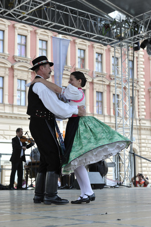 Members of folk groups Nograd  from Salgotarjan, Hungary during the 48th International Folklore Festival in center of Zagreb, Croatia on July 19, 2014のeditorial素材